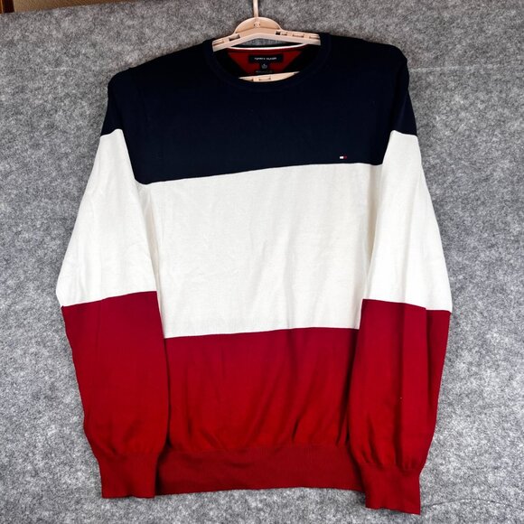 Tommy Hilfiger Mens Colorblock Crewneck Sweater XL Premium Cotton Navy White Red - Picture 11 of 11